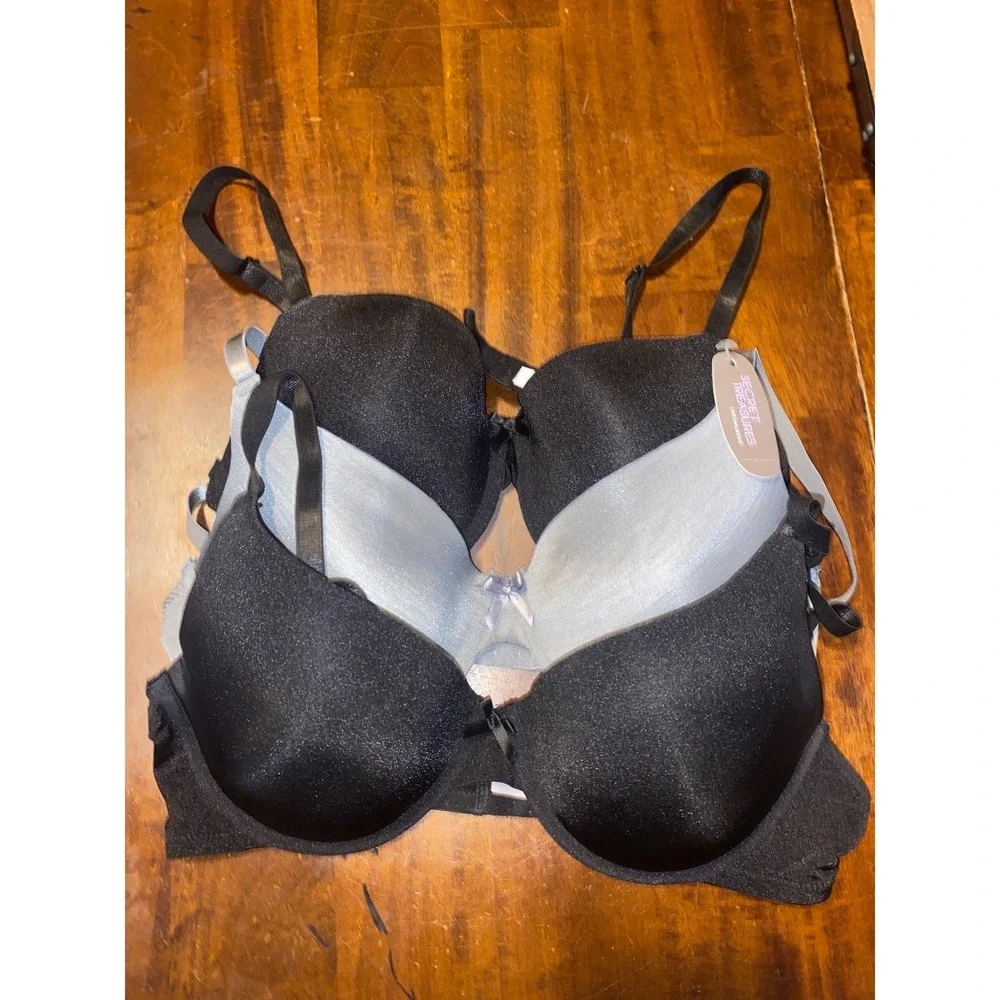 Secret Treasures Womens 3 Pack T-Shirt Bras 36C Black Grey Tailored Heather New